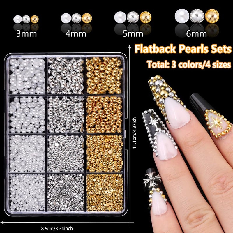 KACHIMOO Chrome Nail Powder Kit with Flatback Pearl Nail Charms,Silver Chrome Nail Art Glitters Gold Chrome Nail Powder for Nail Art Design - Image 3
